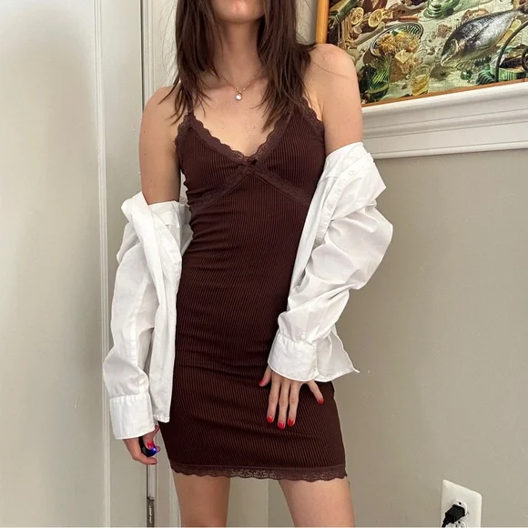brown ribbed bodycon dress Brown Ribbed Bodycon Dress main image 1